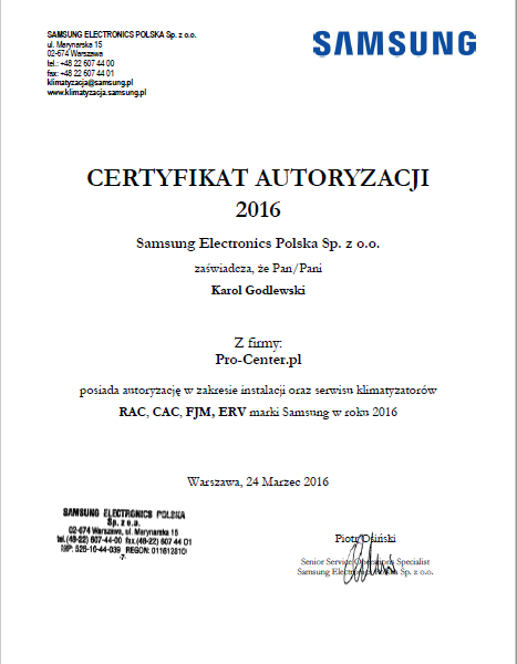 Certyfikat Samsung 2016